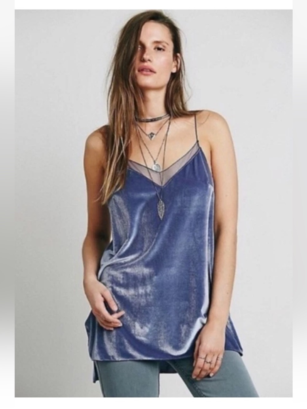 Intimately Free People Velvet Cami Sz XS Mesh Trim Periwinkle Tank - Picture 1 of 9